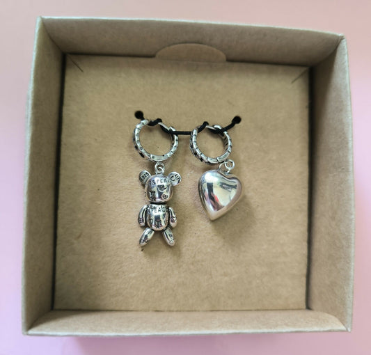 Aretes Corazón Ositos en Acero Plateado