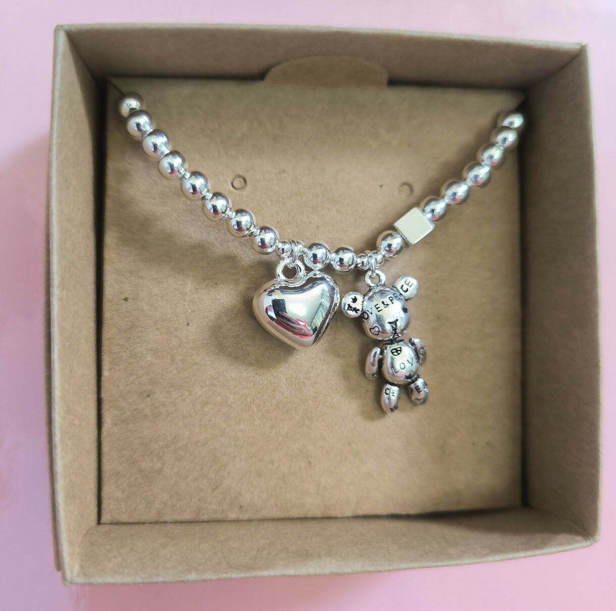 Pulsera Corazón Osito en Acero Plateado