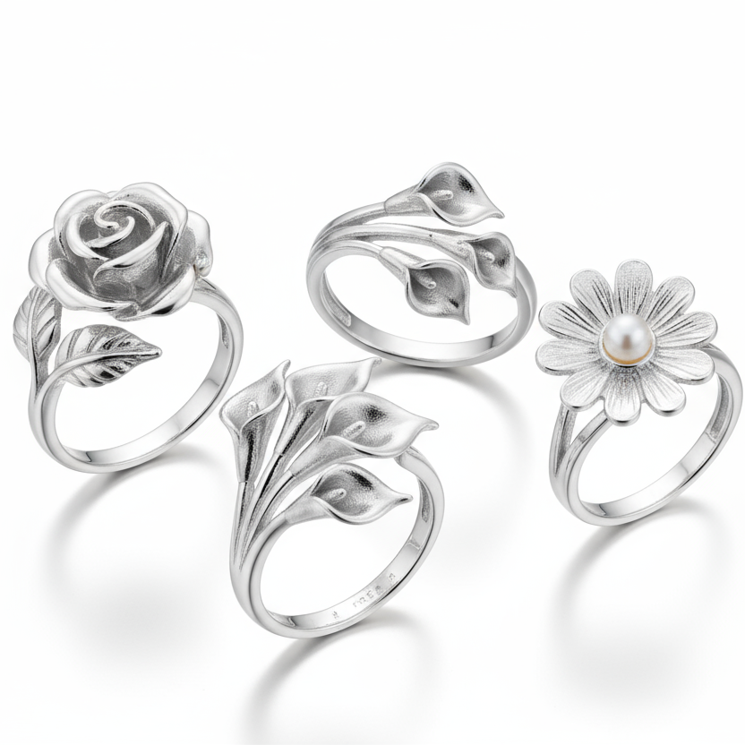 anillos de flor en plata con fondo blanco