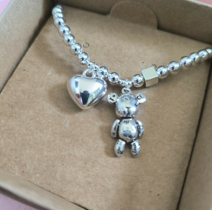 Pulsera Corazón Osito en Acero Plateado