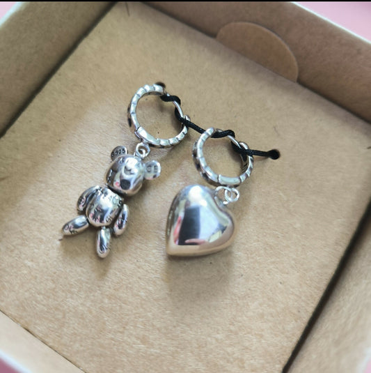 Aretes Corazón Ositos en Acero Plateado